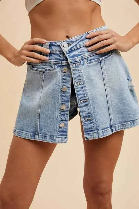 Button Detail Stretch Denim Wrap Mini Skort