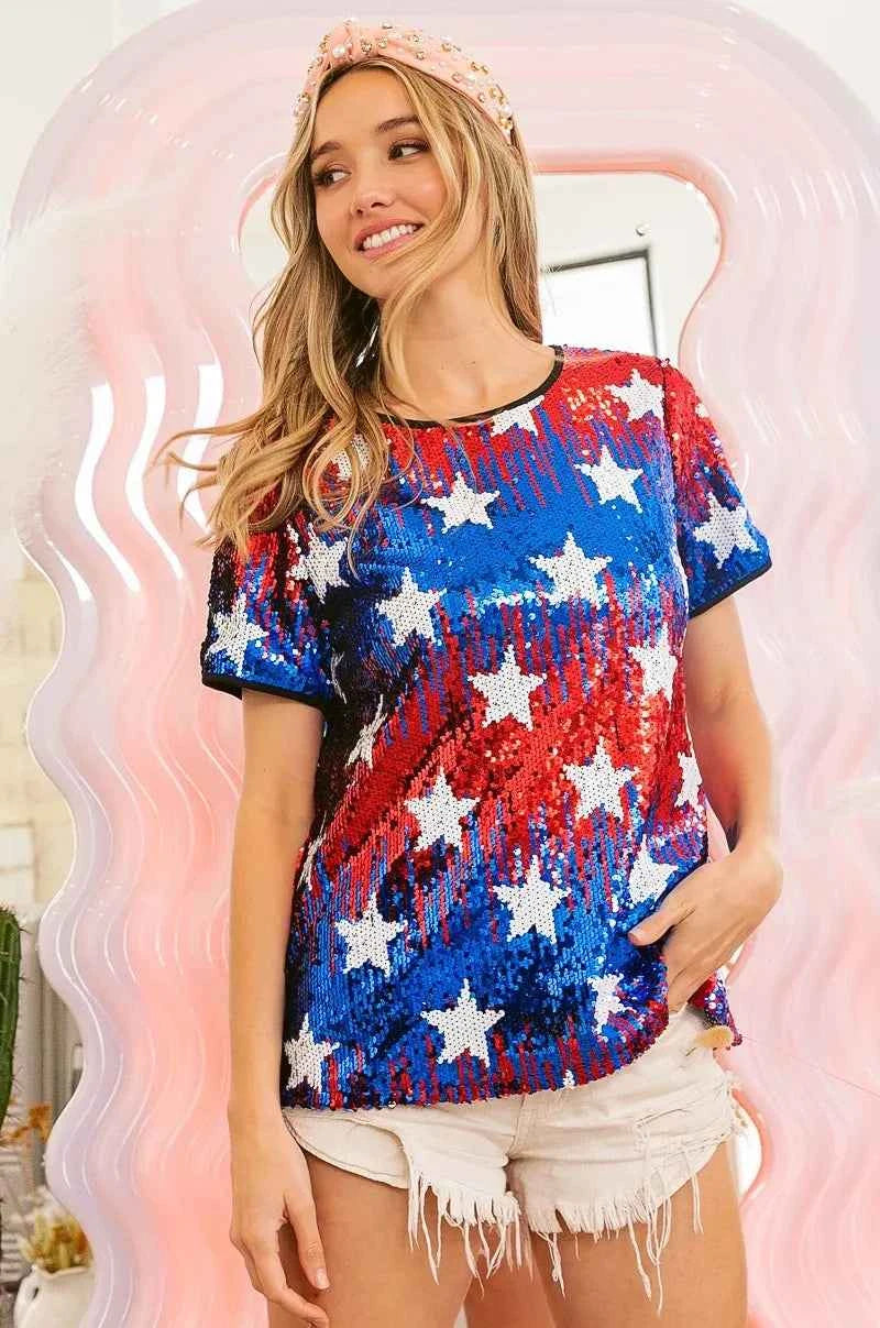 American Theme Star Pattern Sequin Top