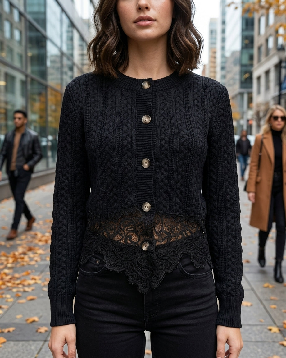 The Eloise Cardigan in black – cable knit with lace hem, front close-up