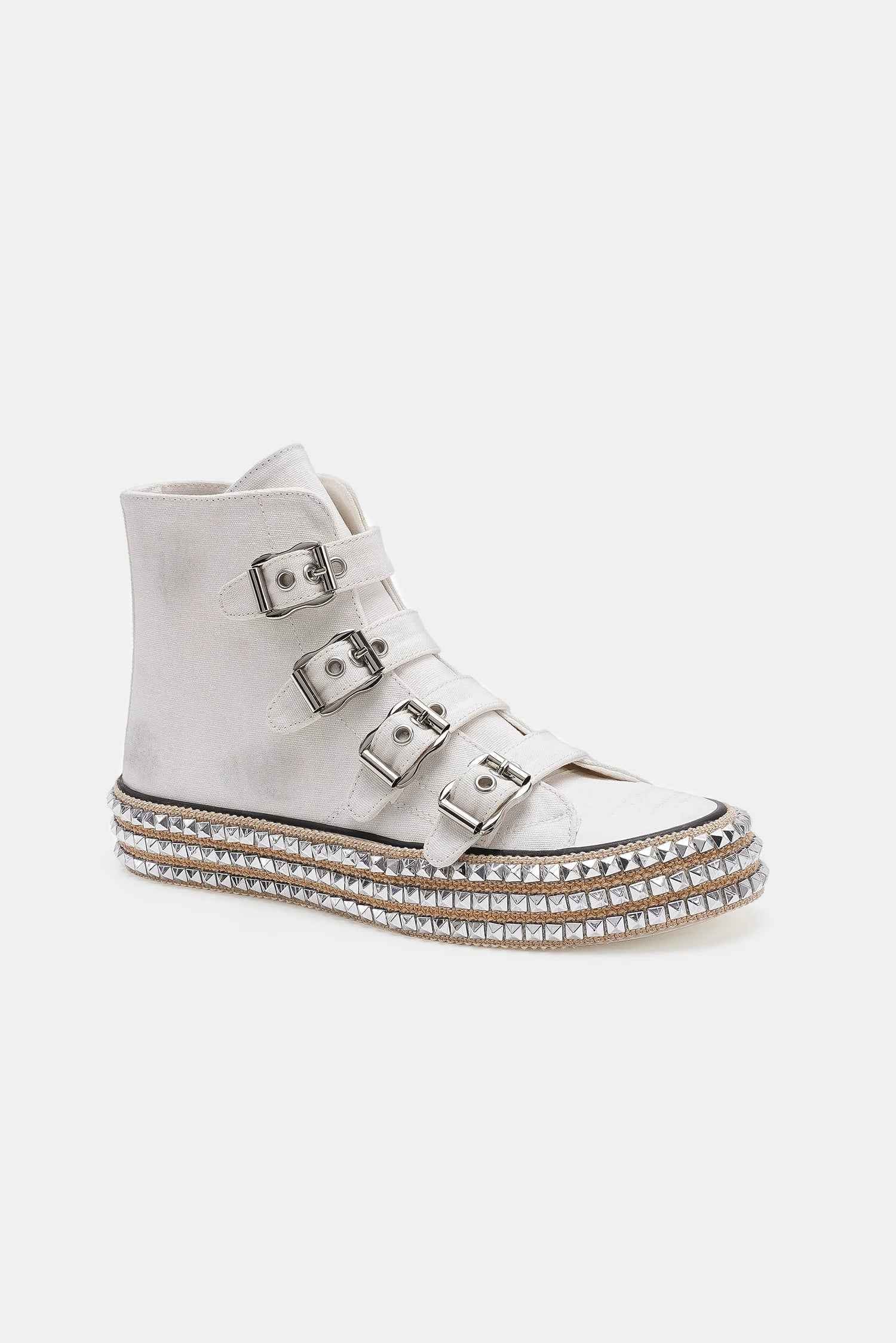 White Multi-Buckle Straps Studded Platform Sneakers
