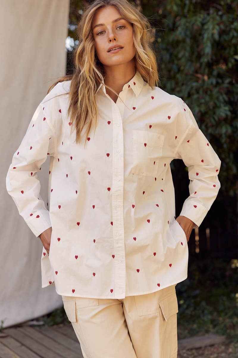 Full of Red Hearts Embroidery Button Up Shirt