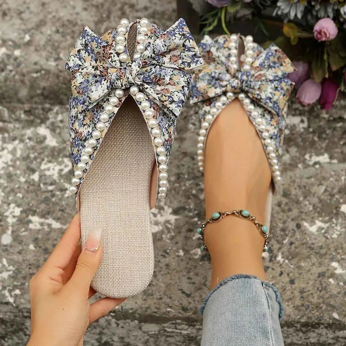 Pearl Bow Open Toe Sandals