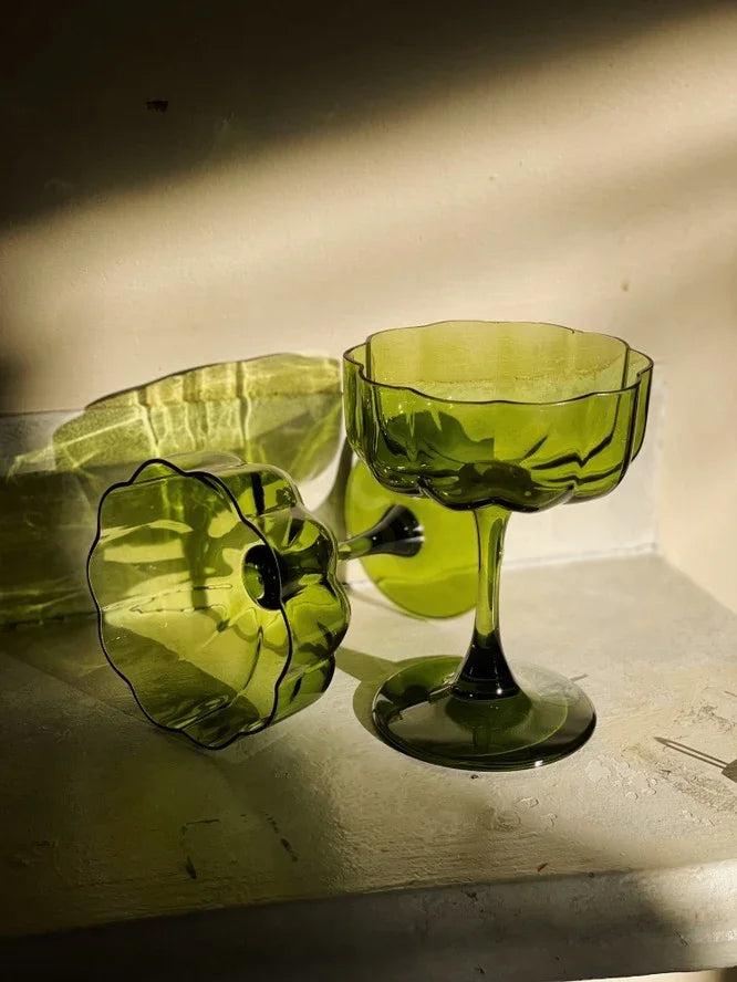 Green scalloped glass goblets on a sunlit surface, Love Classic high quality style
