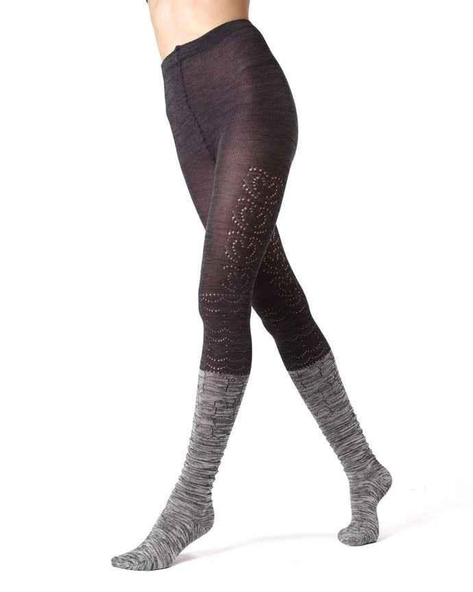 Woman wearing gradient black and gray patterned tights from Love Classic collection