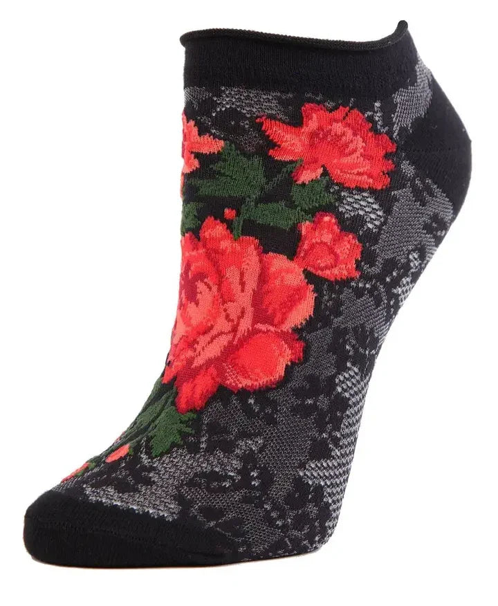 Black ankle sock with red roses and lace pattern, Love Classic high quality style