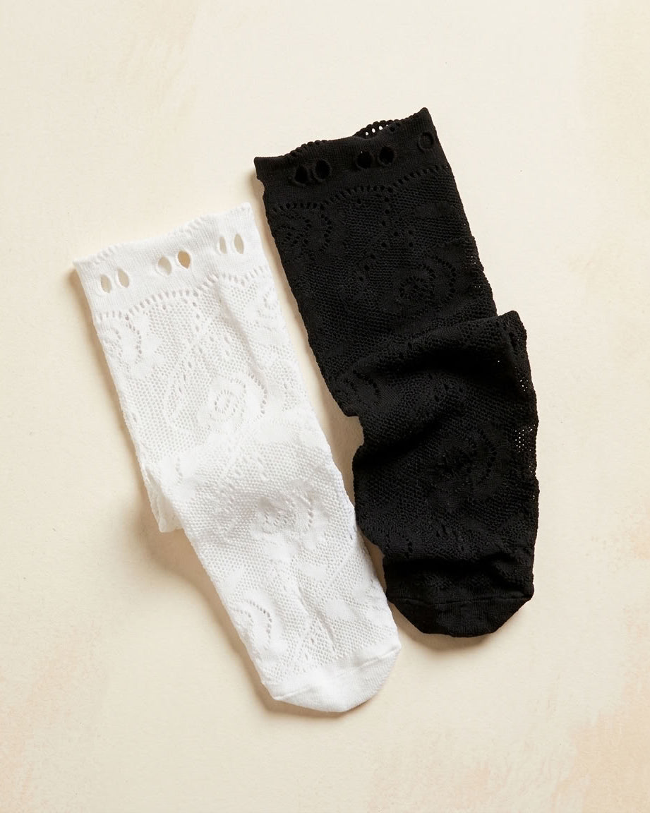 2-Pack Ribbon Tie Rose Lace Socks, one Black and one Milky White pair laid flat