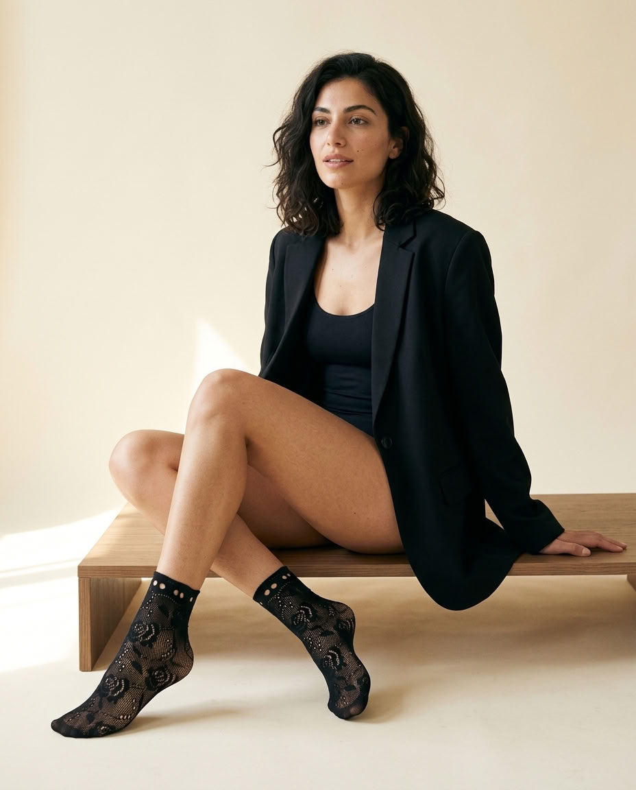 Ribbon Tie Rose Lace Socks in Black worn without the ribbon
