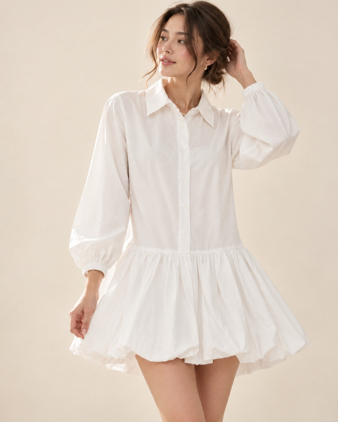Shirt Bubble Hem Mini Dress in off white, front view