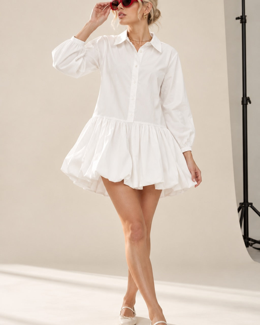 Shirt Bubble Hem Mini Dress in off white, full length with ballet flats
