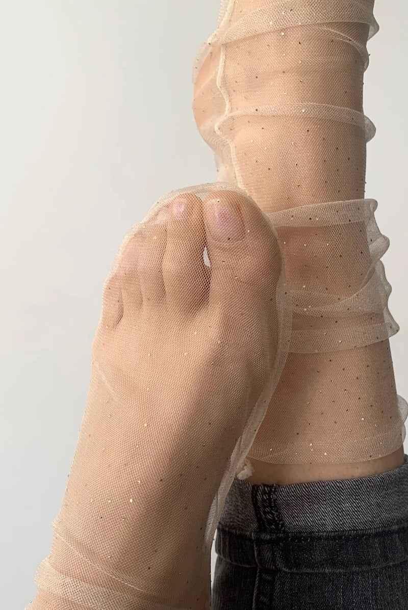 Sheer mesh socks with subtle glitter detail, showcased on feet, Love Classic high quality style