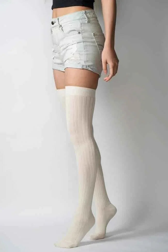 Woman wearing white ribbed thigh high socks and denim shorts, Love Classic fashion style
