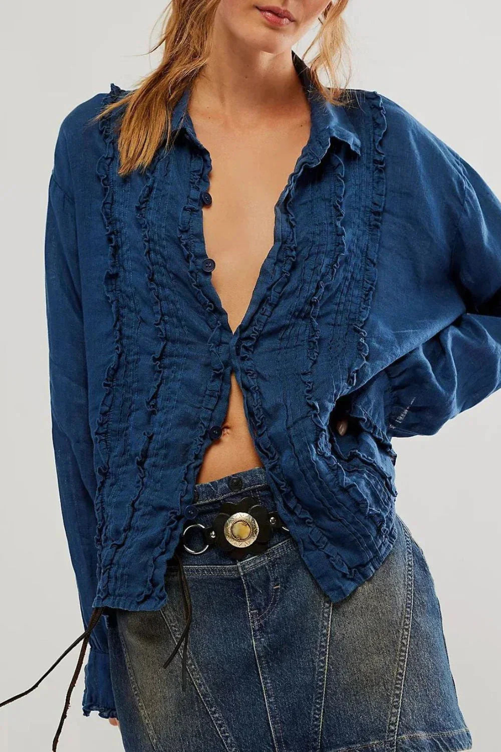 Woman in ruffled blue blouse and denim skirt, Love Classic stylish high quality fashion