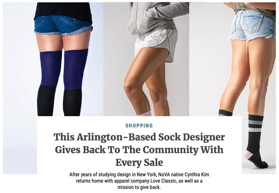 Three women modeling Love Classic knee-high socks in casual shorts, promoting stylish, high-quality socks.