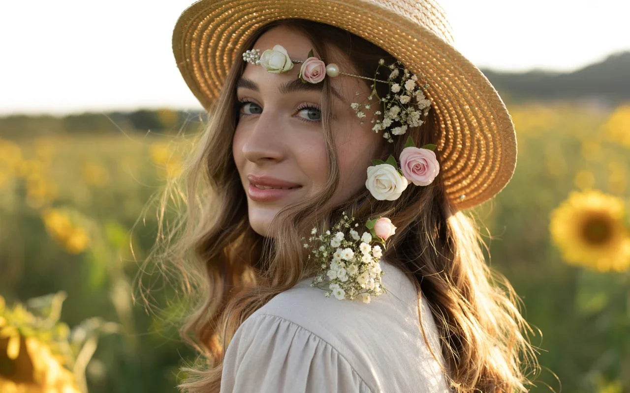 Young woman in straw hat with floral hair accessories in a sunflower field, Love Classic style
