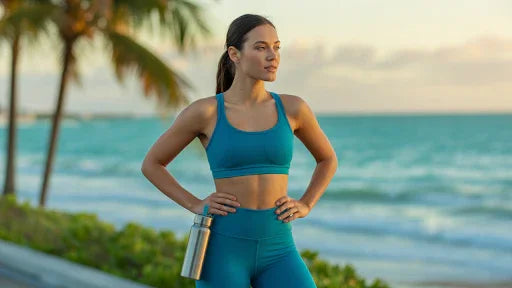 Woman in teal workout set by the ocean at sunset, fitness apparel from Love Classic