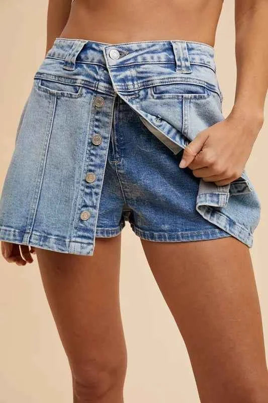 Button Detail Stretch Denim Wrap Mini Skort
