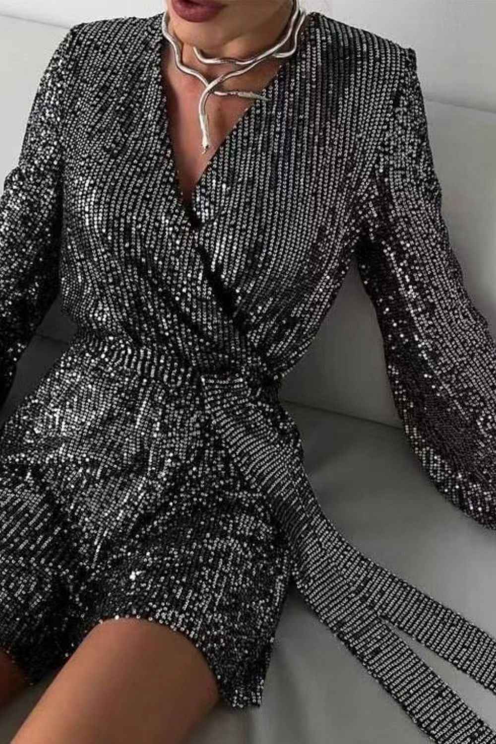 Sequin Surplice Tie Romper