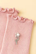 Blush pink ribbed ruffle crew socks with pearl rose detail 2