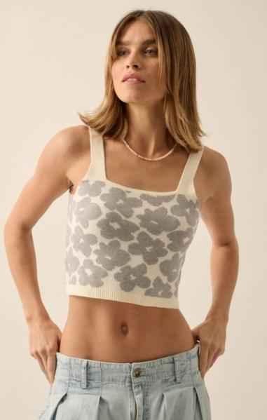 Floral Knit Cropped Sweater Tank Top