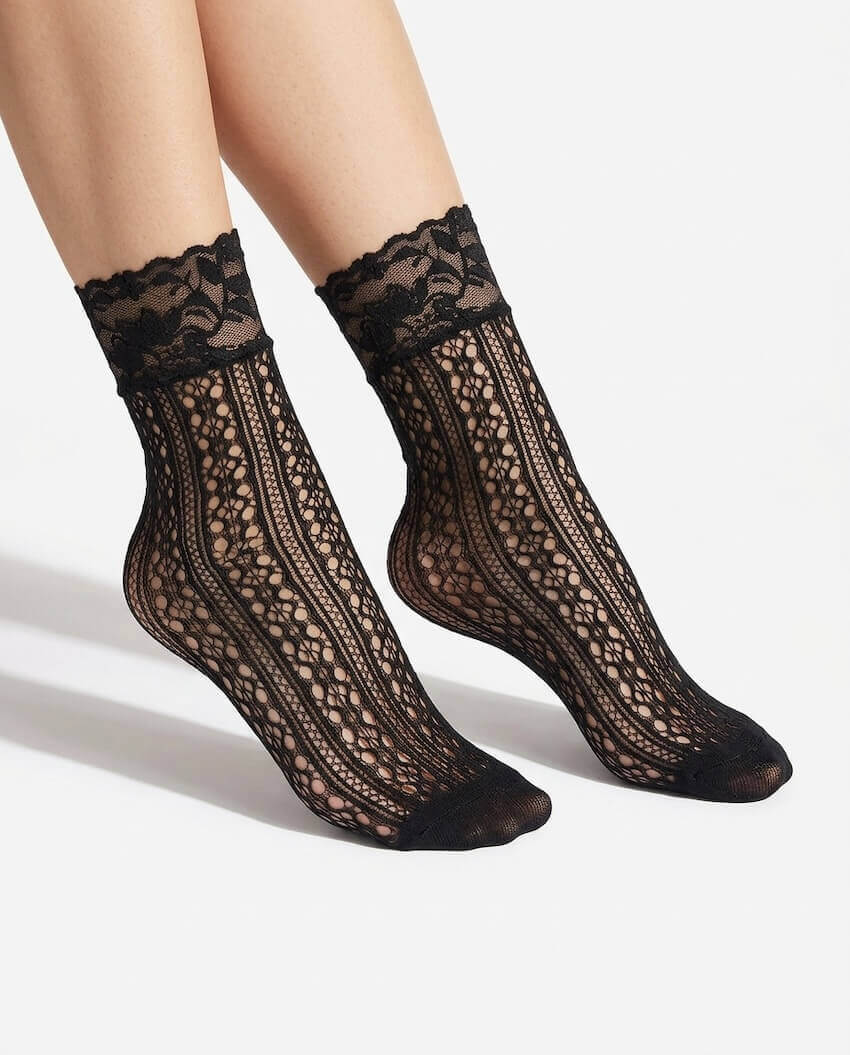 3-Pack Floral Diamond Lace Fishnet Socks with intricate diamond-pattern fishnet knitting and soft floral lace trim, displayed as a matching pair against a clean studio background, showcasing the sheer texture, ankle-length fit, and feminine decorative design.