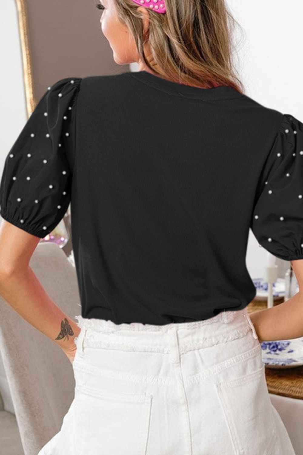 Pearl Puff Sleeve Top in Black - Love Classic 3