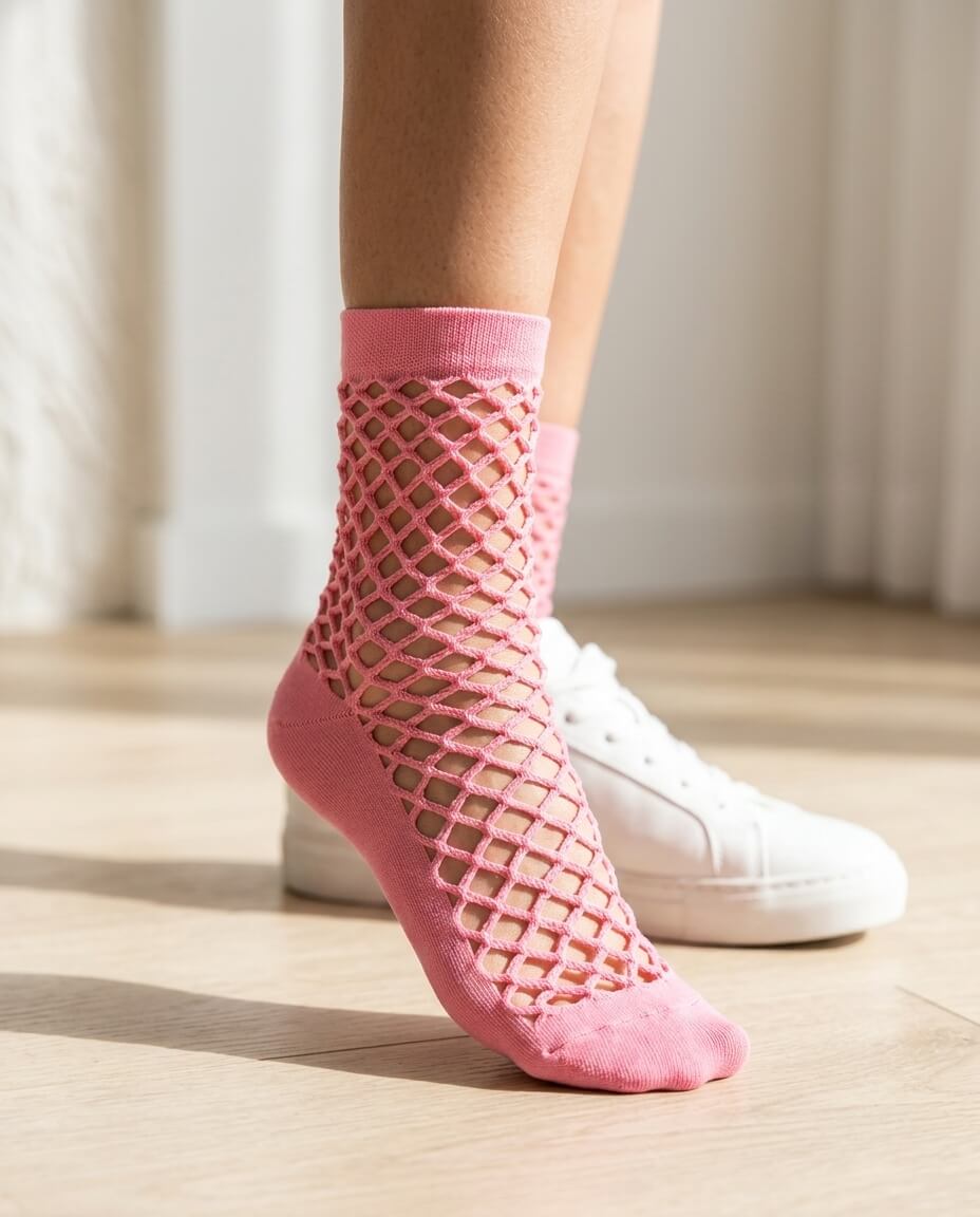 Midnight Lattice Fishnet Socks featuring an open fishnet lattice knit with a soft stretch crew fit and solid toe detailing, worn with white sneakers indoors on a sunlit wooden floor, highlighting breathable comfort and bold everyday street styling.