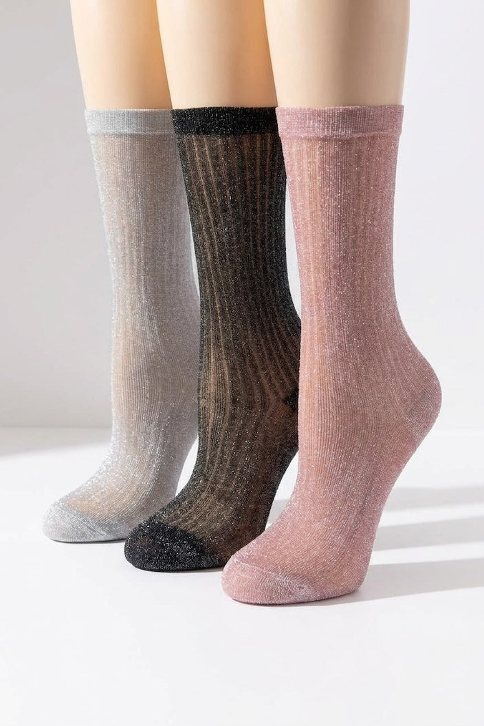 3-pack glitter ribbed crew socks in silver black and blush – soft shimmer women’s fashion socks