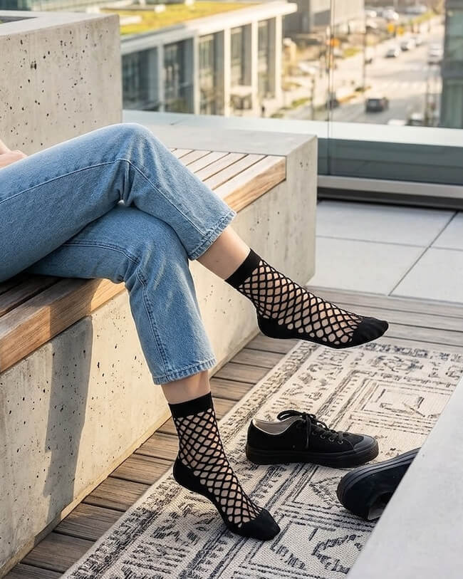 Midnight Lattice Fishnet Socks featuring a breathable fishnet mesh construction with flexible stretch support and solid cuff accents, worn with casual denim styling on a rooftop terrace, highlighting lightweight comfort and modern urban fashion appeal.