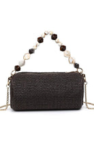 Chocolate Rachel Straw Clutch in woven straw finish with zip-top closure and structured silhouette sized to fit phone, cards, and essentials.