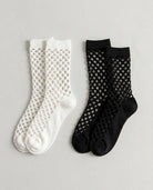 Bundled Pack, Midnight Lattice Fishnet Socks featuring open lattice mesh detailing with soft stretch cuffs and reinforced foot support, displayed in folded black and white color options tied with ribbon accents to highlight gift-ready presentation and breathable everyday styling.