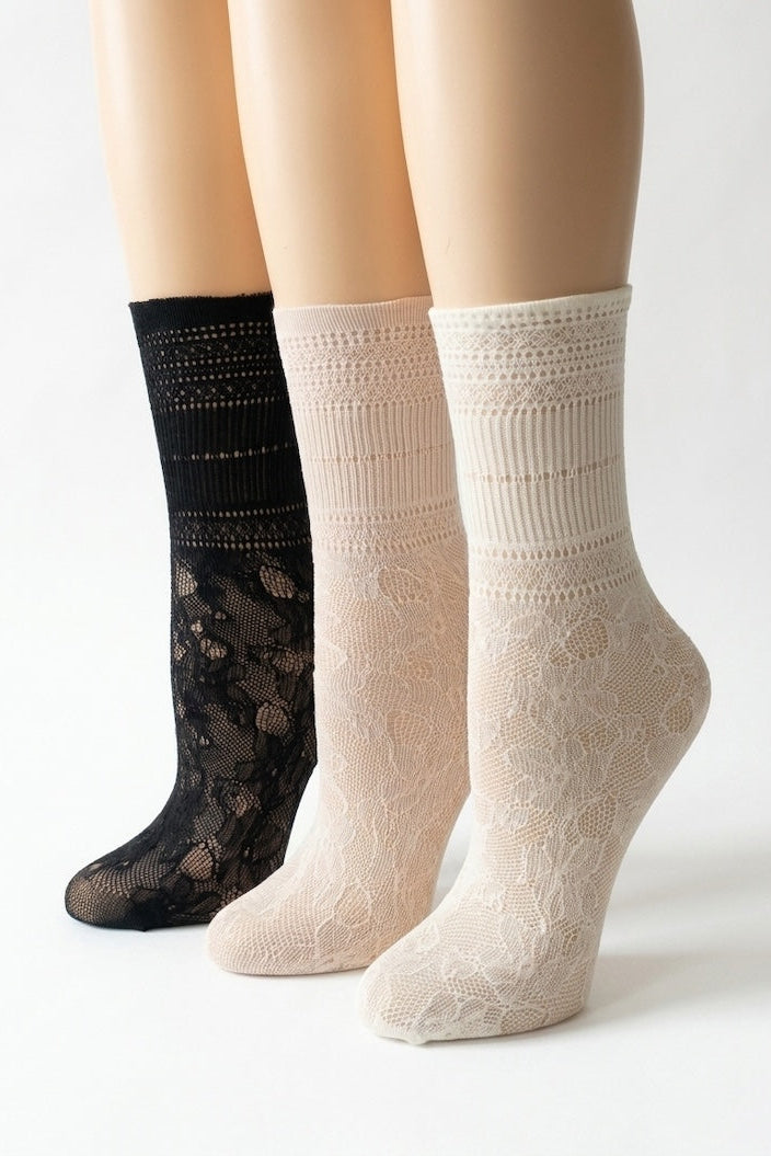 3-pack lace crew socks in black and soft neutral tones – elegant feminine floral mesh women’s fashion socks