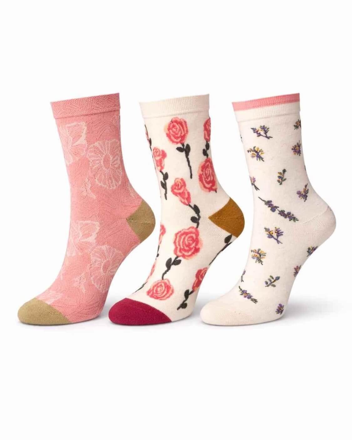 3-Pack Bouquet Flower Crew Sock featuring three unique floral themed patterns with embroidered inspired blossoms and delicate garden prints, designed in a comfortable crew length silhouette with soft contrasting heel and toe accents for playful everyday wear.