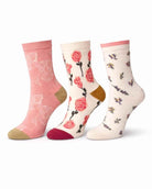 3-Pack Bouquet Flower Crew Sock featuring three unique floral themed patterns with embroidered inspired blossoms and delicate garden prints, designed in a comfortable crew length silhouette with soft contrasting heel and toe accents for playful everyday wear.