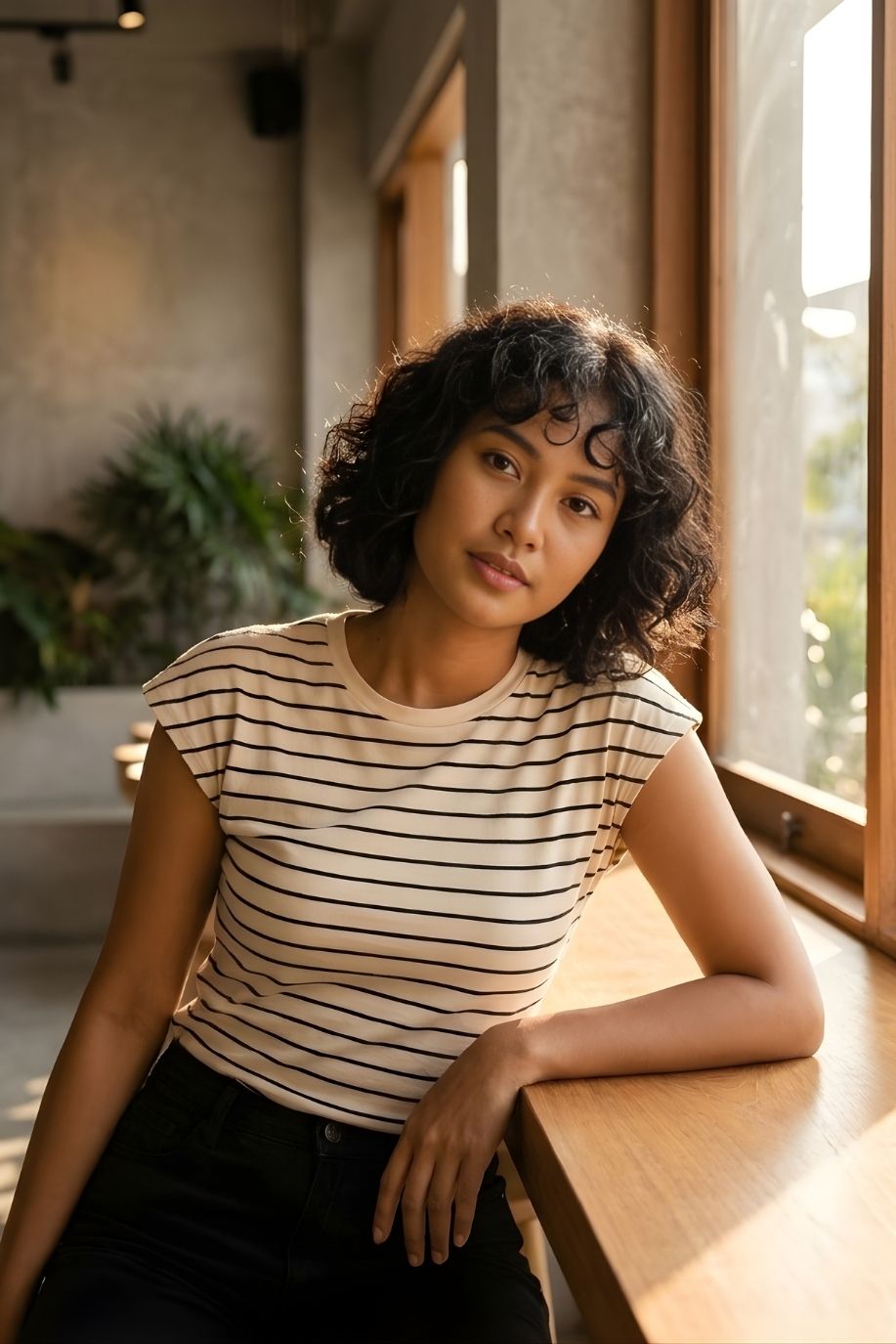Striped Sleeveless Open Back Tank, cream sleeveless top with thin black horizontal stripes and a classic crew neckline, styled with dark high-waisted pants, shown on a model leaning by a sunlit window, highlighting the soft fabric and clean, minimal fit.