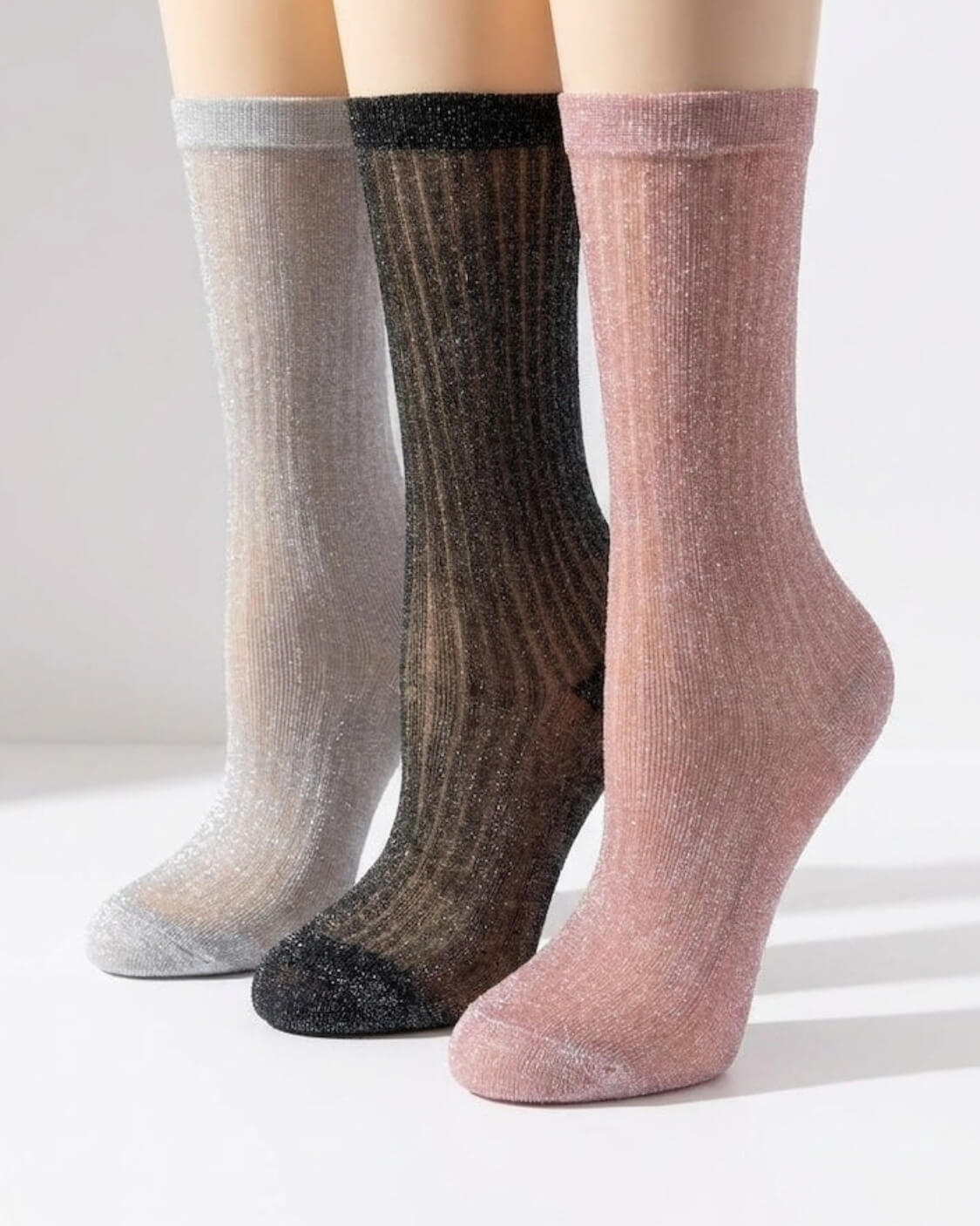 3-pack glitter ribbed crew socks in silver black and blush – soft shimmer women’s fashion socks