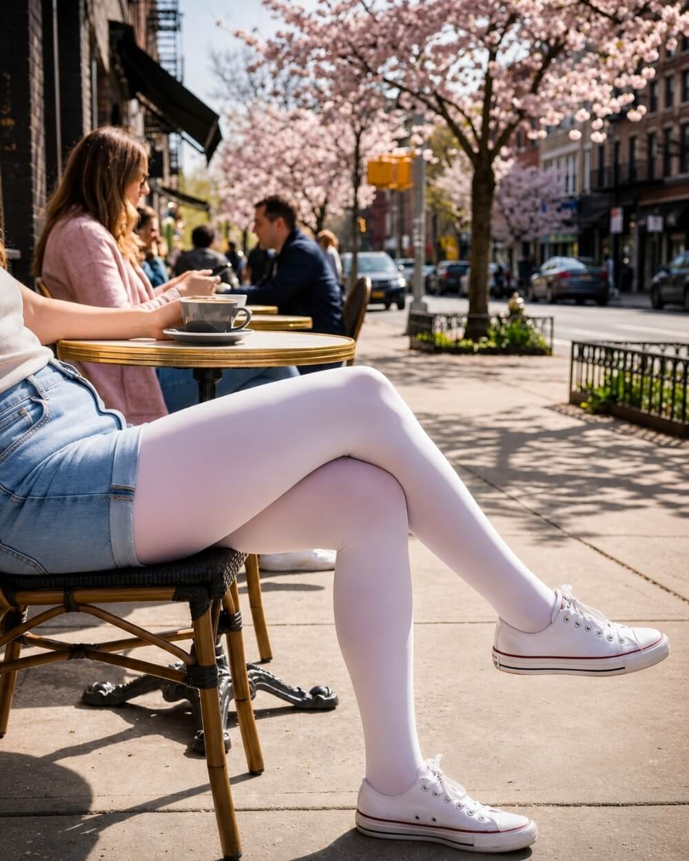 Lightweight Semi Opaque Tights in white, featuring a smooth lightweight construction and uniform coverage, styled casually with sneakers and a skirt, shown on a model seated at an outdoor café.