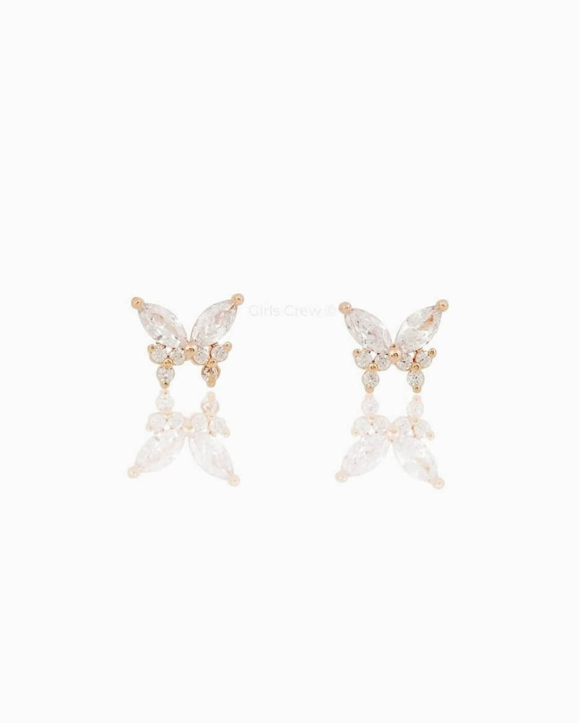 Remember Me Butterfly Studs, front product view showing a pair of butterfly shaped stud earrings with marquise and round clear stones in a polished gold tone finish.