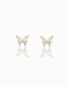 Remember Me Butterfly Studs, front product view showing a pair of butterfly shaped stud earrings with marquise and round clear stones in a polished gold tone finish.