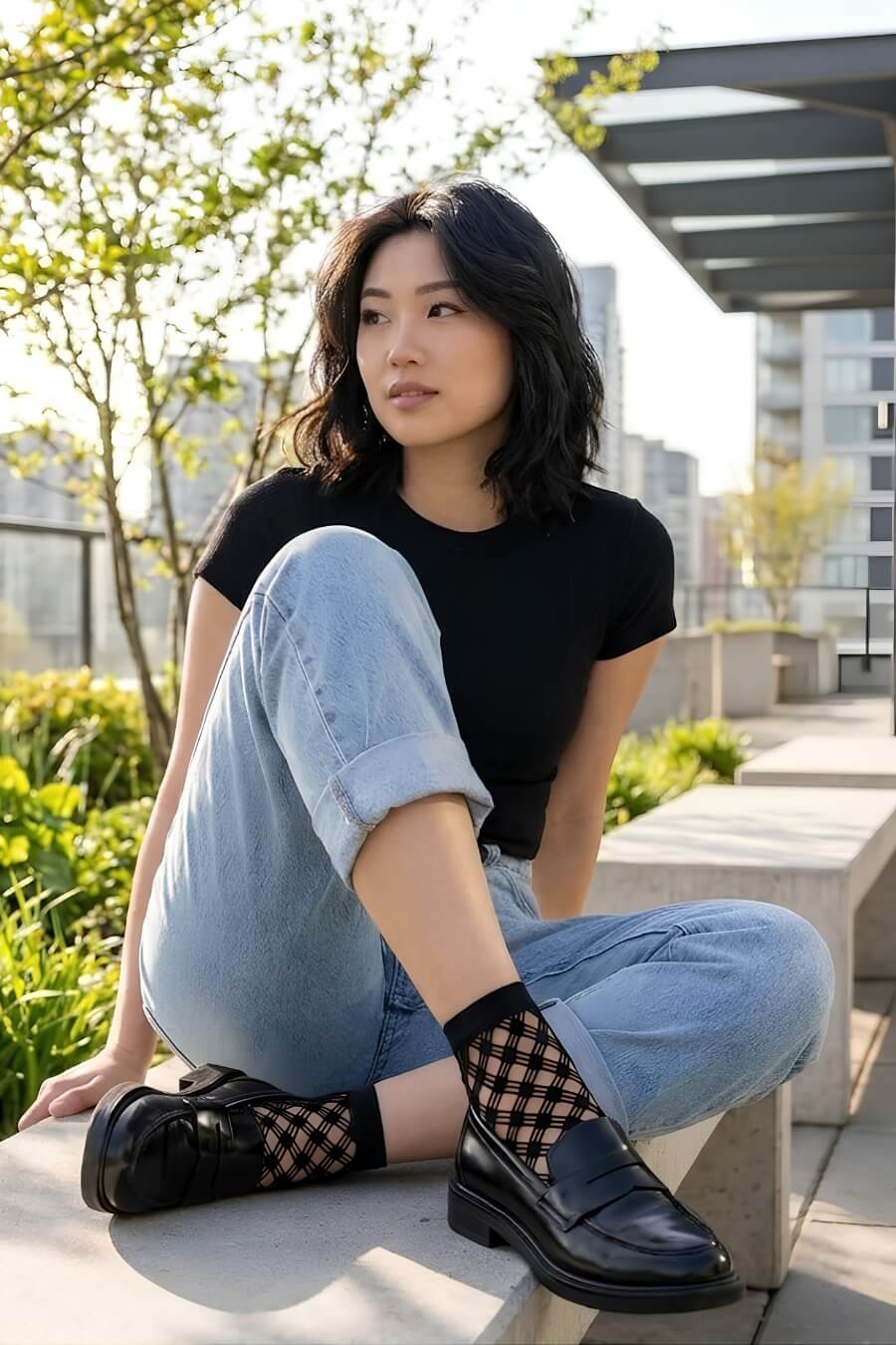 Honeycomb Lace Fishnet Socks featuring a sheer geometric lace pattern with a snug ankle fit, paired with loafers and rolled jeans in a sunny urban setting to emphasize polished styling and distinctive texture.