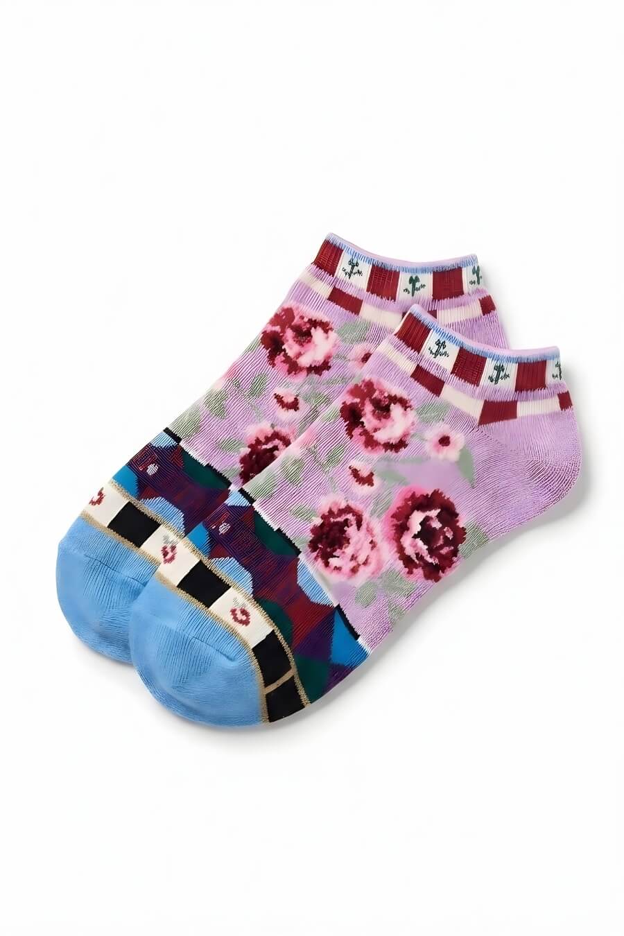Dolce Vita Ultra-Short Sock featuring a soft ultra-low cut fit with floral rose patterns, striped cuff accents, and contrasting blue toe detailing, displayed on a clean studio background to highlight the playful mixed-print styling and everyday comfort.