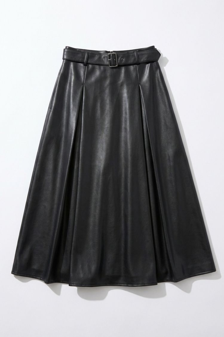Saskia Skirt, high-waist midi skirt in black PU with structured pleats and a belted waistband, shown in a front view against a neutral background, highlighting the A-line silhouette, smooth finish, and voluminous drape.