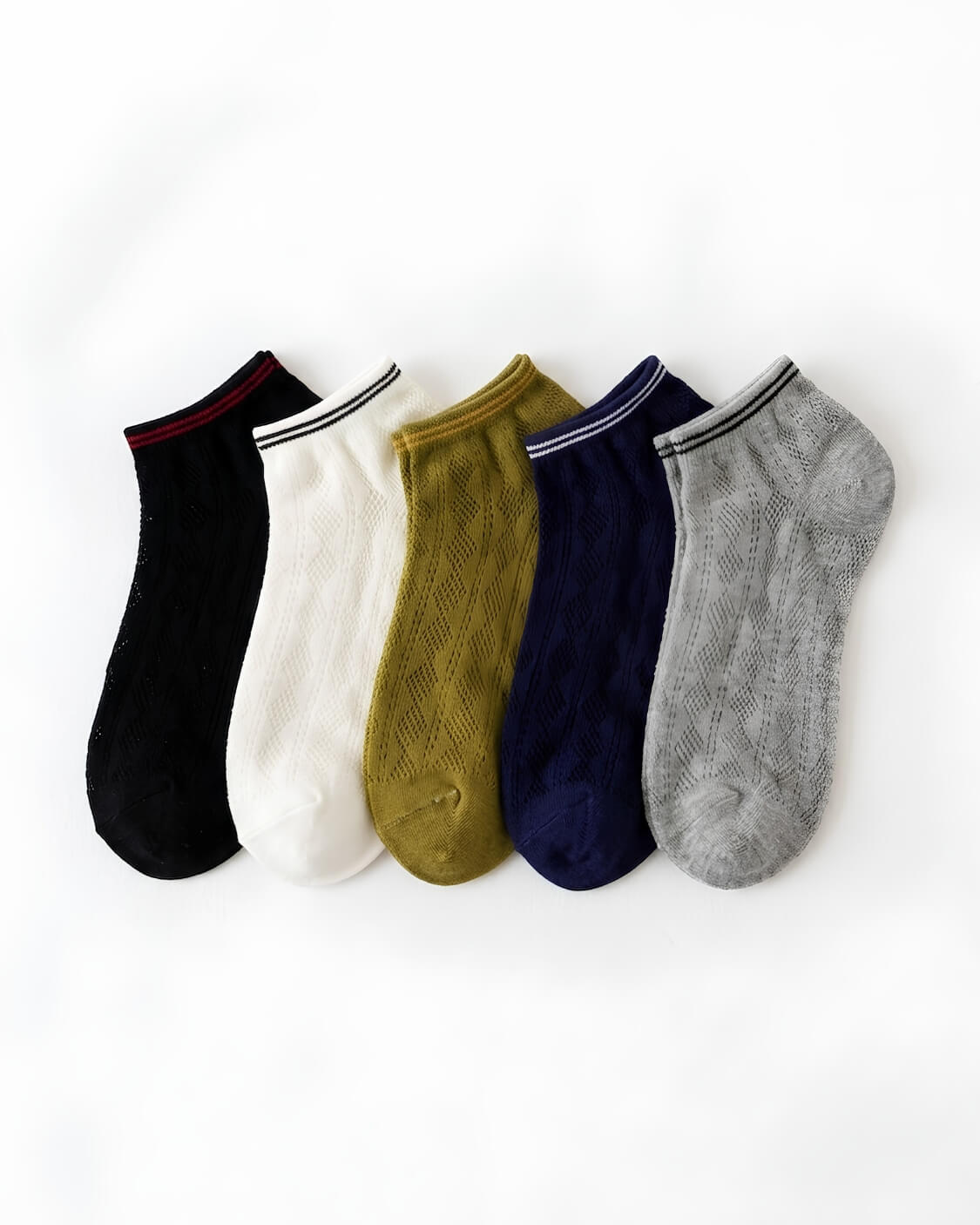 5-Pack Low Rise Diamond Lace Pattern Socks featuring breathable knit construction with delicate diamond lace detailing and contrast stripe trim, displayed in five assorted colors on a clean white background, highlighting lightweight comfort and everyday casual styling.