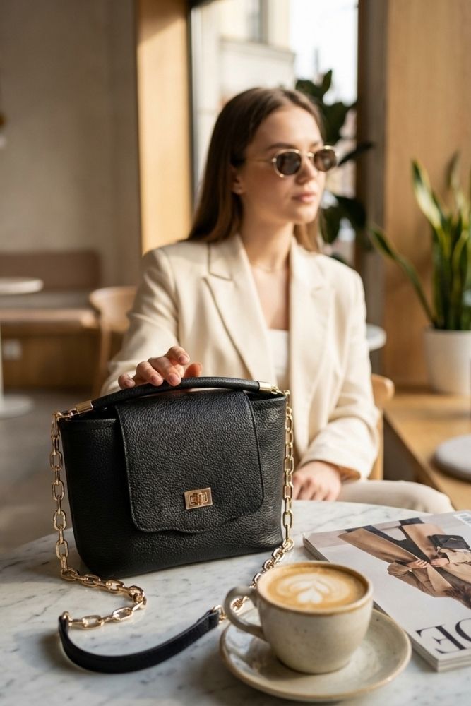 Ismene Leather Purse featuring a structured silhouette with pebbled leather finish, top handle, and gold-tone chain strap, styled on a café table beside coffee and magazines, highlighting polished everyday elegance.