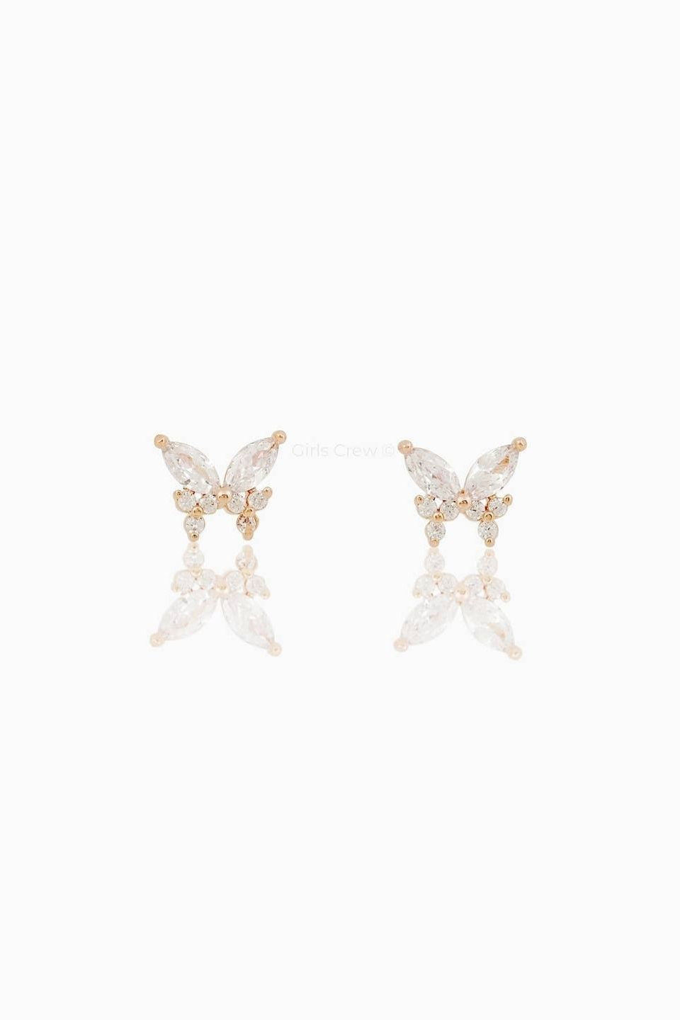 Remember Me Butterfly Studs, front product view showing a pair of butterfly shaped stud earrings with marquise and round clear stones in a polished gold tone finish.