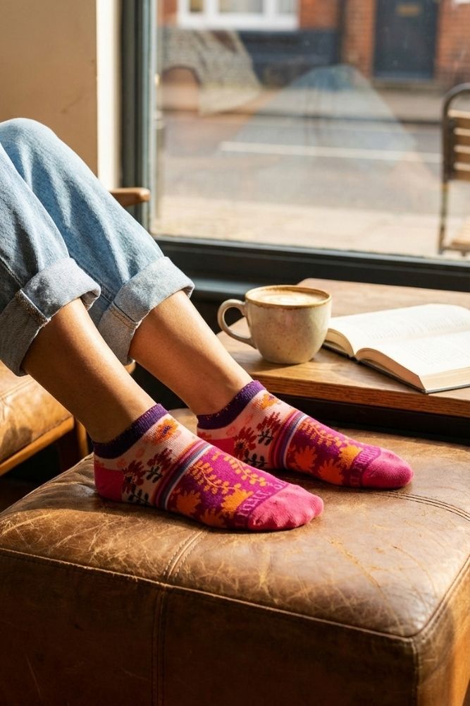 Shine Ultra-Short Ankle Socks featuring a low-cut silhouette with vibrant floral pattern and contrast trim, styled with rolled jeans on a leather ottoman beside a coffee cup and book, highlighting cozy comfort and everyday color.