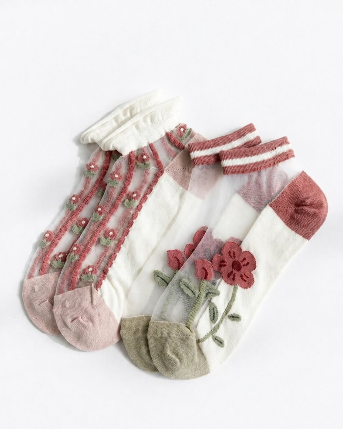 2 Pack Maroon Floral Sheer Ankle Sock featuring two unique floral embroidered sheer ankle sock styles with striped cuffs and soft stretch fit, displayed flat on a clean white background to highlight the delicate mesh texture and decorative floral detailing.