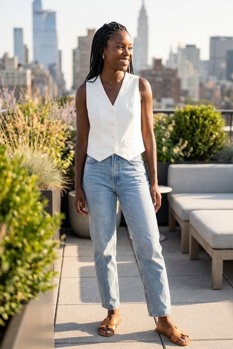 Naples Vest, sleeveless V-neck tailored vest in off-white with button front, styled with light-wash straight-leg jeans and tan sandals on a rooftop terrace, highlighting the clean structure and relaxed summer look.