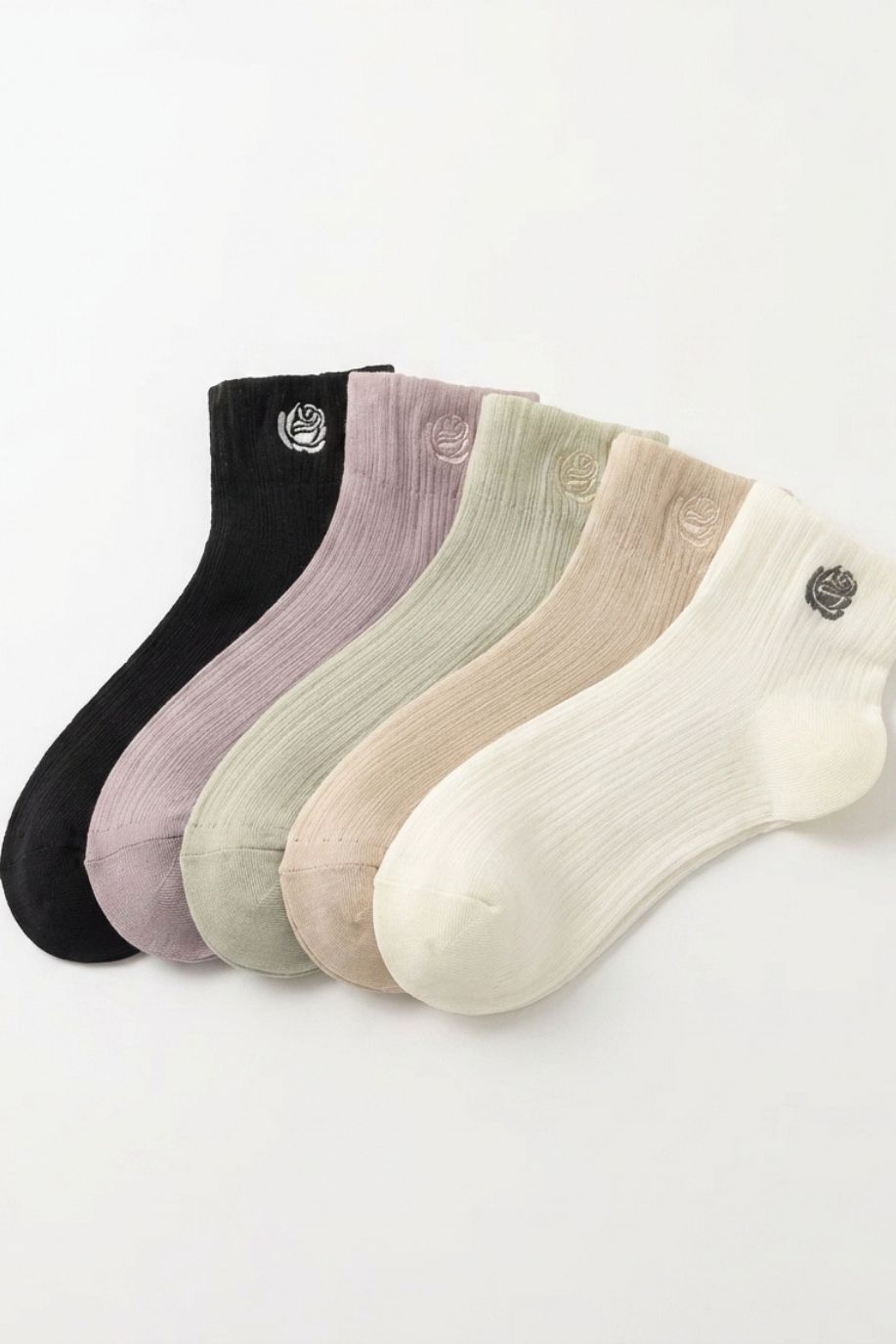 5-Pack Sheer Rose Embroidered Socks in assorted neutral tones including black, mauve, sage, beige, and cream, featuring lightweight ribbed knit and delicate rose embroidery, displayed side by side on a clean white background.