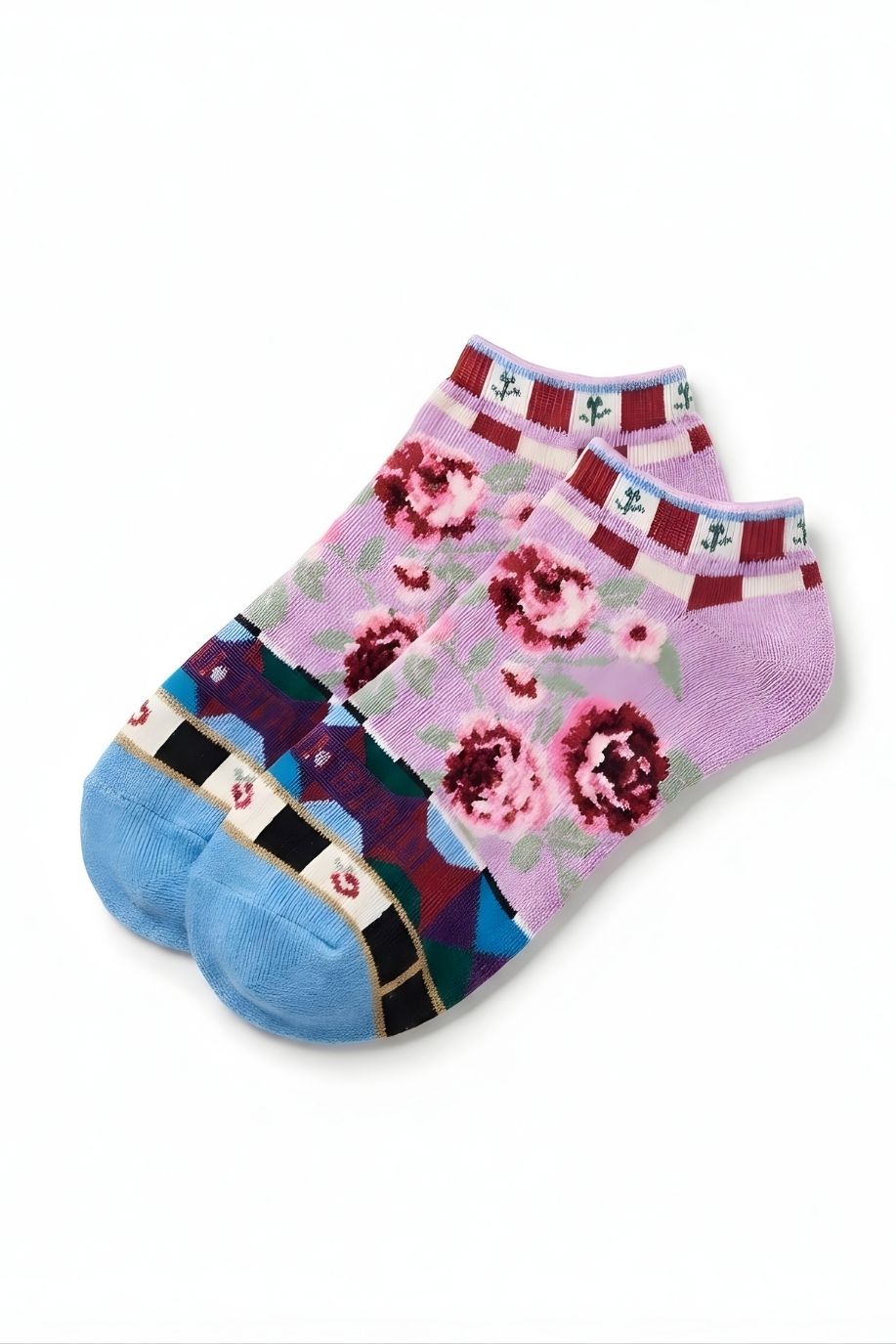 Dolce Vita Ultra-Short Sock featuring a snug, ultra-low profile with intricate floral design and multicolor accents, displayed flat on a clean background, showcasing pattern detail and construction.