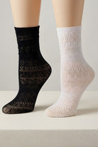 Lace Pattern Sheer Sock featuring ankle-length sheer knit socks with intricate lace-style patterning in black and white, displayed on raised feet against a neutral background, highlighting breathable texture, stretch fit, and lightweight comfort.
